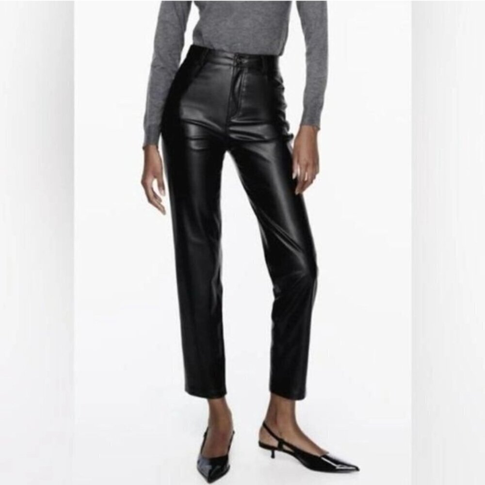 Zara Faux Leather Straight Leg Black Pants Size 10
